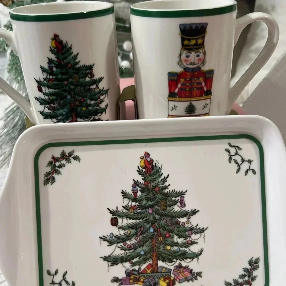 Spode Christmas Tree Mug Set with Tray – Holiday Collectible Nutcracker See Vide - Picture 7 of 9
